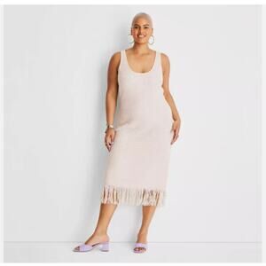 Crochet Fringe Hem Midi Dress Sz Medium Cream 100% Cotton Future Collective NWT